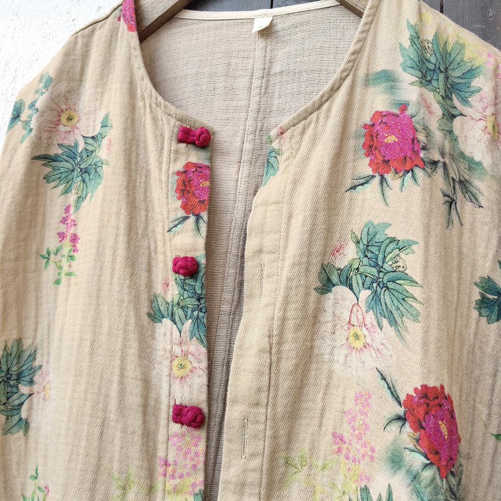 Johnature Women Vintage Print Floral Jackets O-Neck Long Sleeve Coats Spring Button Bat Sleeve Pockets Female Jackets