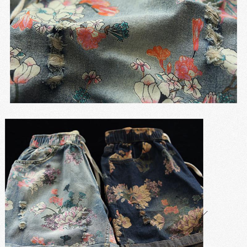 Ladies Denim Shorts Ethnic Print High Waist Women's Loose All-match Elastic Waist Streetwear Summer