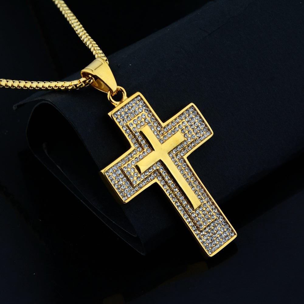 Religious  Iced Out Bling Jesus Cross Pendant Male Gold Color Stainless Steel Christian Big Necklace For Men Jewelry Gift