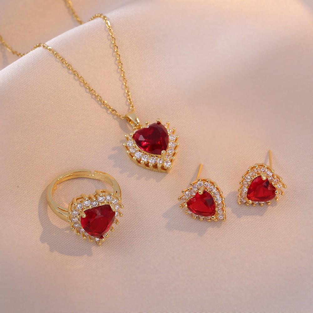 Elegant Vintage Ruby Heart Pendant Necklace and Versatile Women's Earring & Ring Set