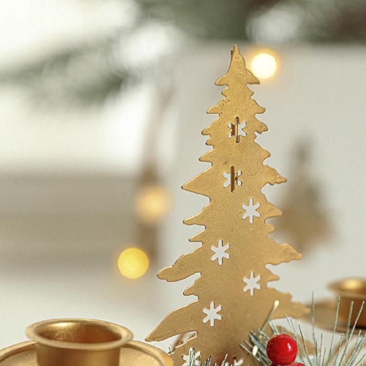 Gold Iron Double Candlestick Home Decors for Holiday Christmas Metal Candle Holders Stand with Pinecones and Berries