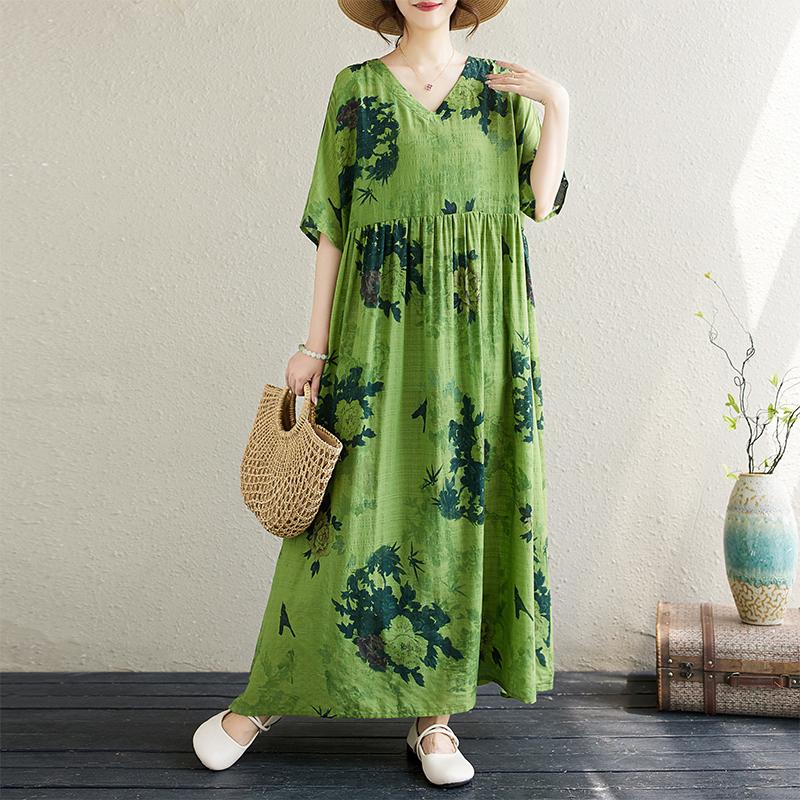 

Dimanaf 2024 платье больших размеров, новое летнее винтажное базовое женское платье с цветочным принтом, свободное длинное зеленое платье с коротким рукавом и v-образным вырезом One Size зелёный