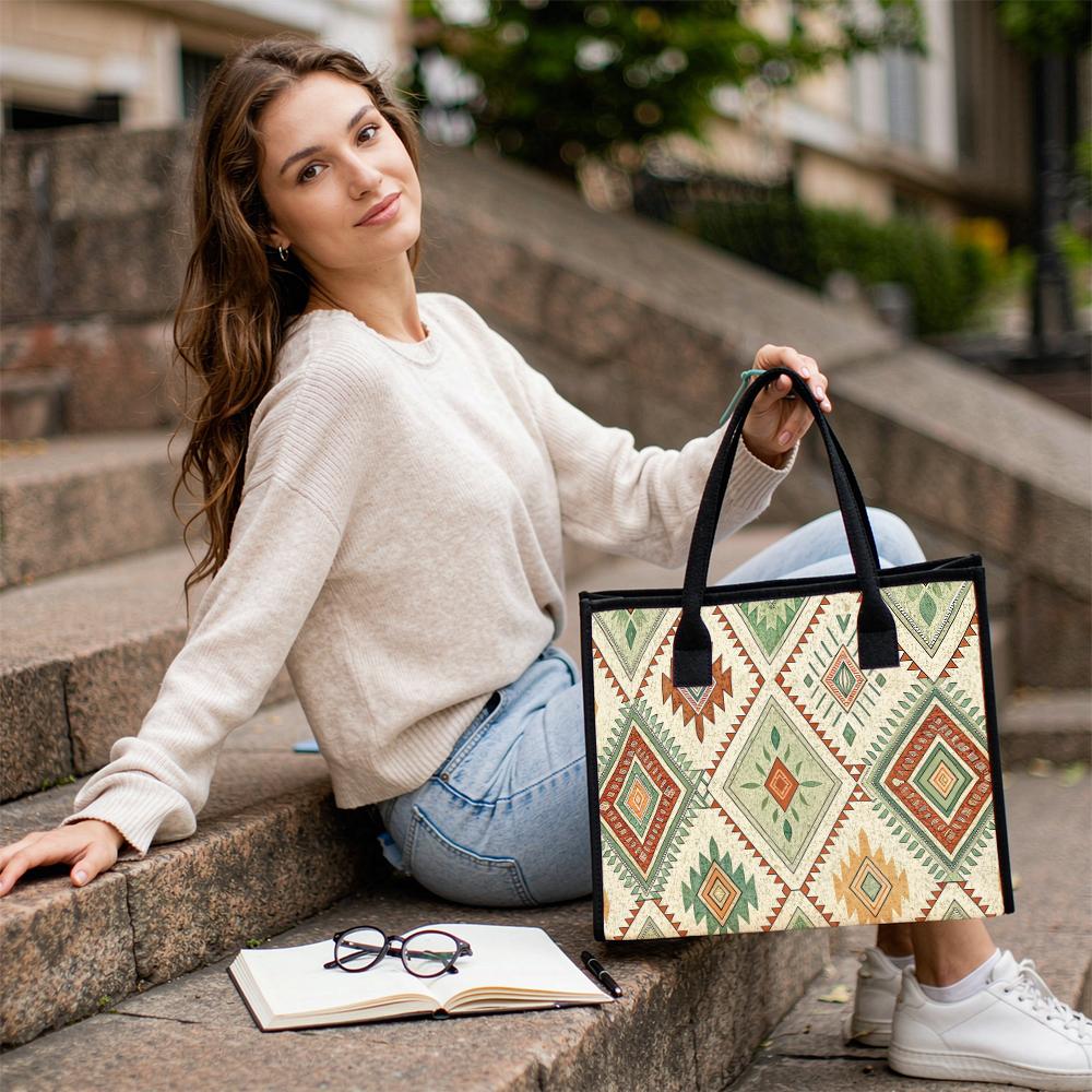 Bohemian Geometric Tote Bag Vintage Pattern Shoulder Bag for Daily Shopping Casual Use