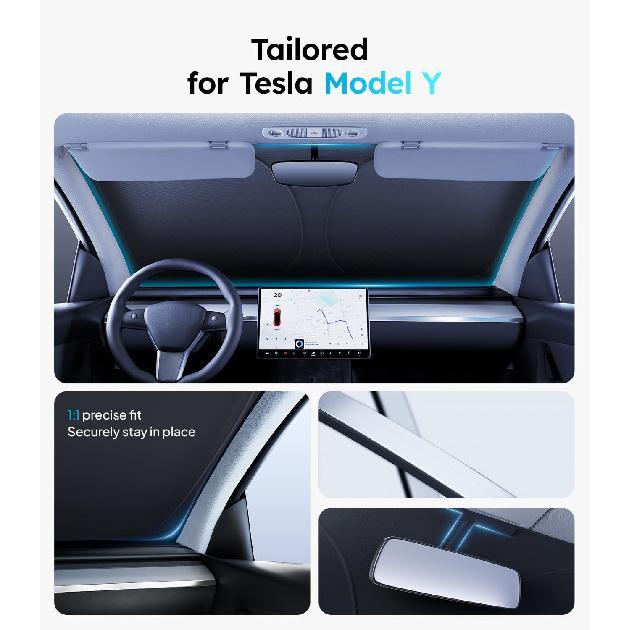 Wigoo 2025 Tesla New Model Y Accessories Windshield Sunshade [OEM Design, 100% Sun Blockage] Foldable Heat Ulation Sunshade With Storage Bag, For