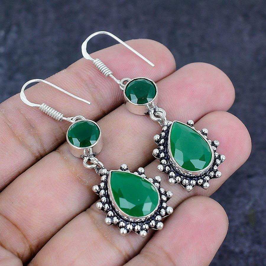 Green Onyx Gemstone 925 Sterling Silver Earring 2.05"