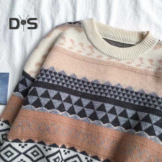 Women Autumn Winter Loose Fit Sweater O Neck Long Sleeve Pullover Tops Striped Print Knitting Jumpers Casual Knitwear