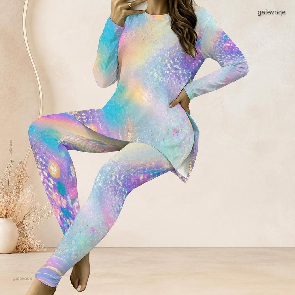 Women Plus Size Two Piece Set Round Neck Long Sleeve Colorful Printed Longline Top Fitted Pants