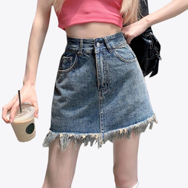 Classic Versatile Youthful Wearable Durable Skirt Half Vintage A-line Package Hip Skirt Tassel Design Raw Edge Ladies Summer Fashion Denim Short Skirt
