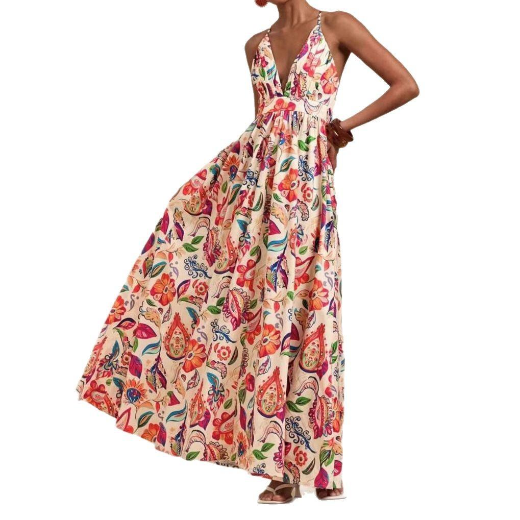 Women's V Neck Sleeveless A Line Dress Slim Fit Mid Rise Boho Floral Print Spaghetti Strap Maxi Dress