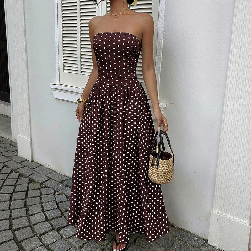 Cross2026 Strapless Long Polka Dot Dress - European & American Style, Sleeveless and Ruched Waist, Summer Collection