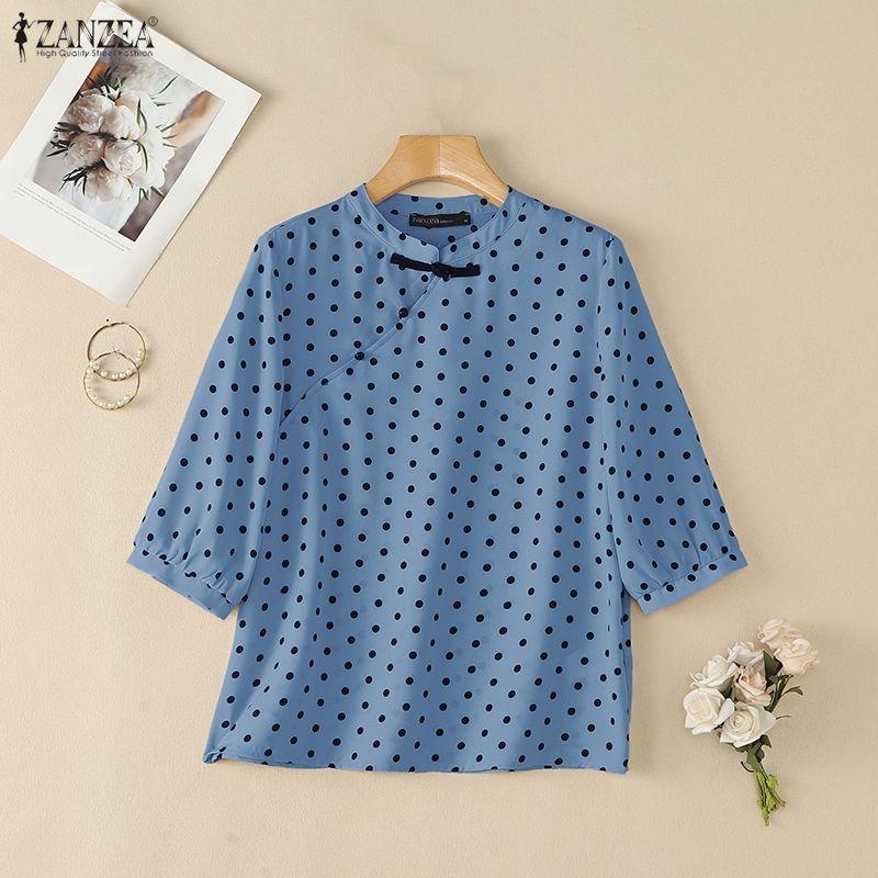 ZANZEA Women Casual Stand Collar Loose Half Sleeve Polka Dot Print Blouse