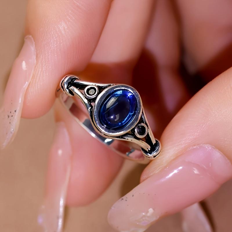 Exquisite Vintage Bohemian Style Oval Blue Synthetic Zircon Ring Elegant Women s Banquet Party Ring 7