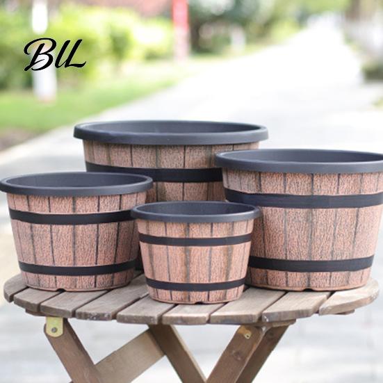 Brown Rustic Plant Pot Flowerpot Barrel Style Pots with Built-In Drainage Holes 8" Plastic-Inspired Finish Extra-Large, Thick Planter for Patio Garden