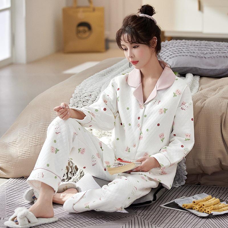 Gesteppter Langarm-Kimono-Stil Umstands- & Stillpyjama - Warmluft-Baumwoll-Cardigan Homewear