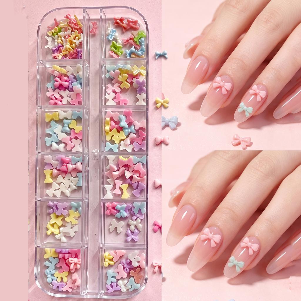 12grid Sweet Candy Bow Nail Charms 3D Colorful Ice Clear Mini Bowknot Nail Gems Resin Flatback Macaron Bowtie Acrylic Nail Decor