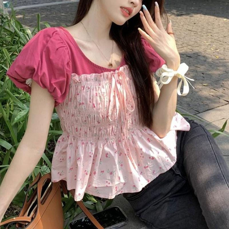 Blouse Mince à Manches Bouffantes Douces Été Fleurs Cassées Épissée Vêtements pour Femmes Col O Mode Cordon de Serrage Nœud Taille Chemise