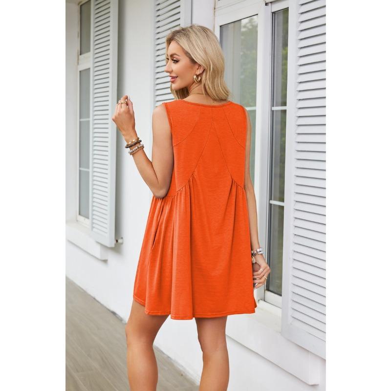 Summer Women's Dress V-Neck Sleeveless Pleated Vest Pocket Dresses