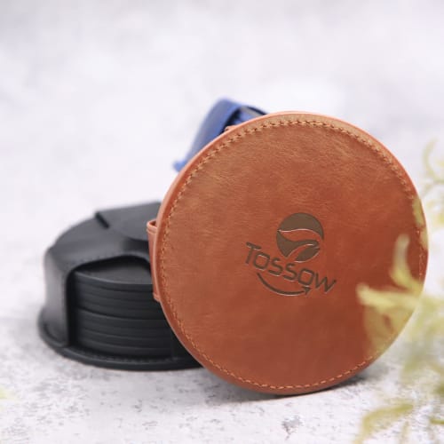 TOSSOW Coasters, PU Round Cup Mats with Storage Case, Waterproof and Heat-Resistant Pads, Set of 8 (Brown)