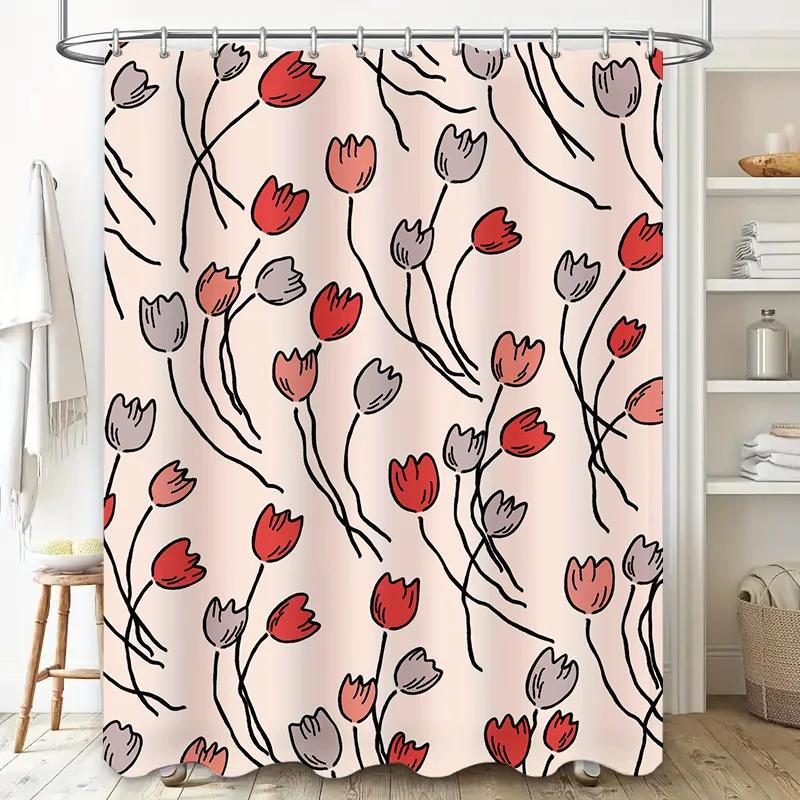 Minimalist Floral Shower Curtain Set Pink Red Tulips Pattern Bath Decor for Home Waterproof Fabric, Includes Rod Holders