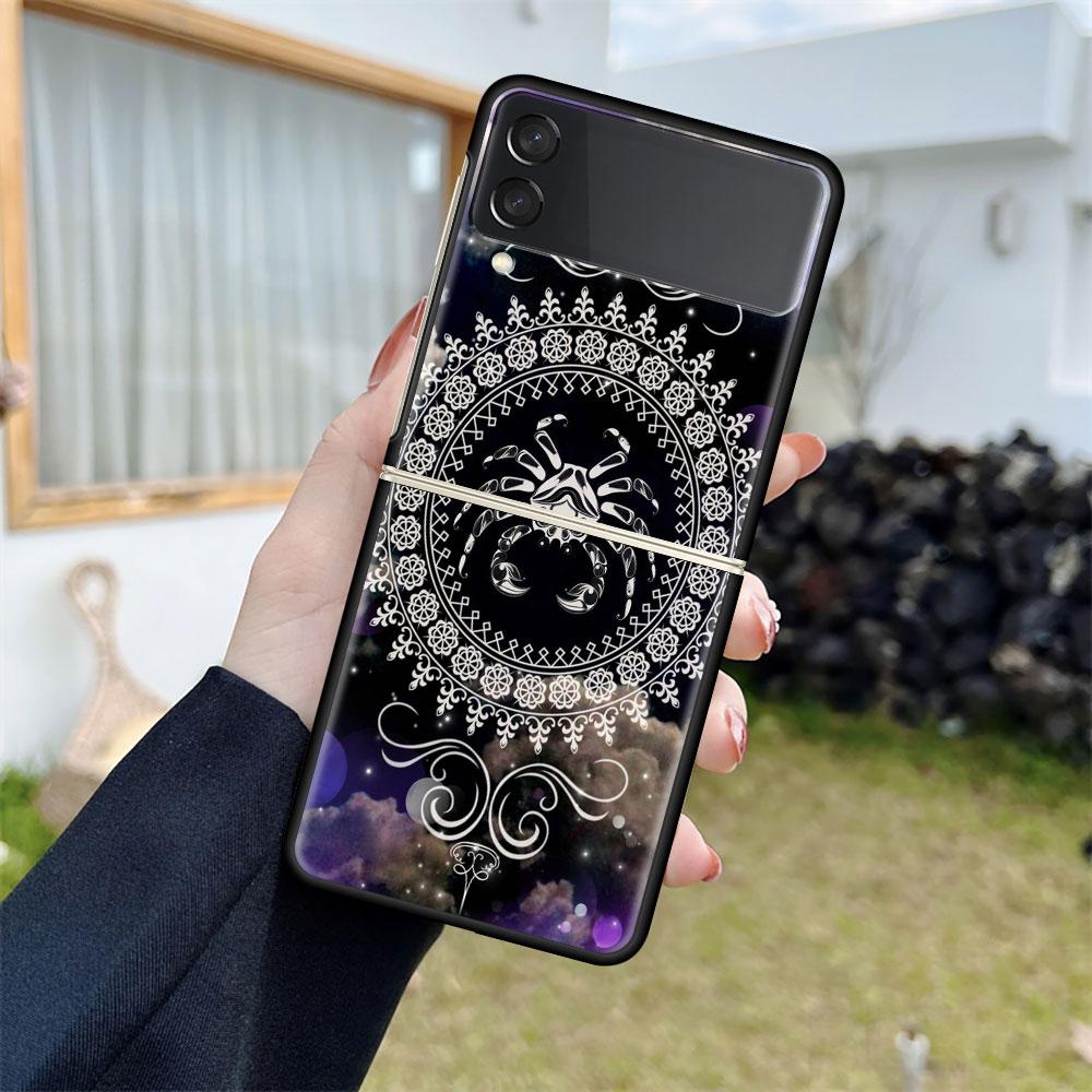 Luxury Case For Samsung Galaxy Z Flip 4 3 5G Black PC Hard Phone Cases Fashion Back Cover ZFlip Funda Mandala 12 Constellations