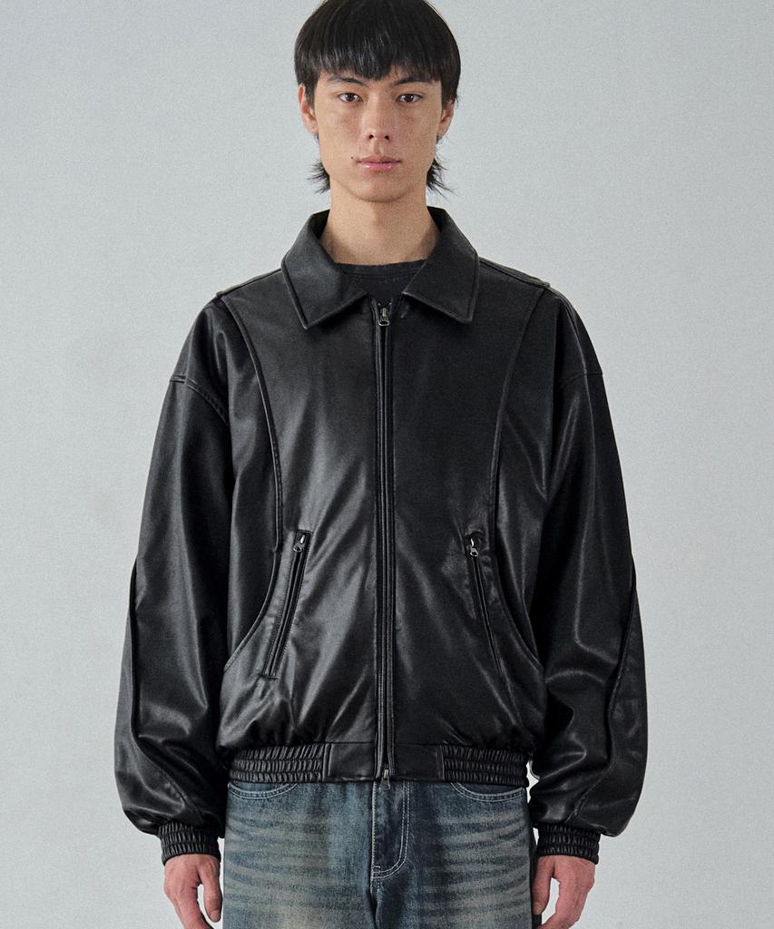 Costume O’Clock Synthetic Leather Curved Two-Way Bomber Jacket Black Coosjp046Leblack
