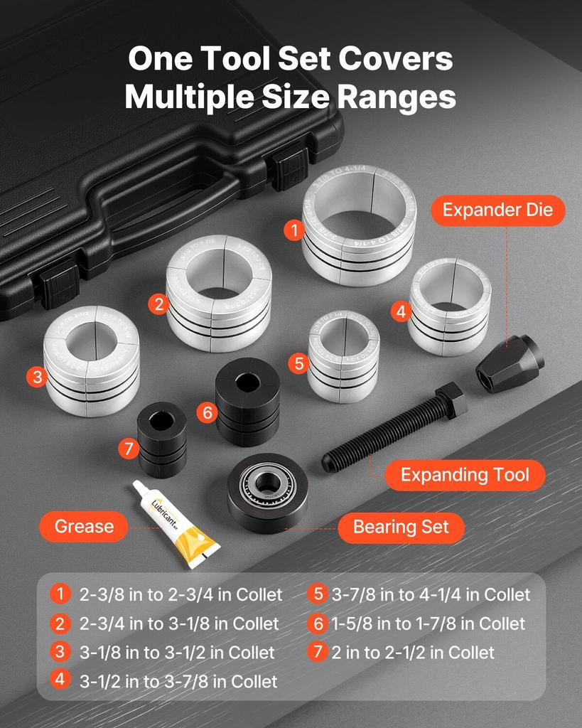 Exhaust Pipe Expander Tool Kit, 41.27mm - 107.95mm Exhaust Pipe Stretcher, Muffler Pipes Spreader with 7 Heavy-Duty Collects & Storage Case,