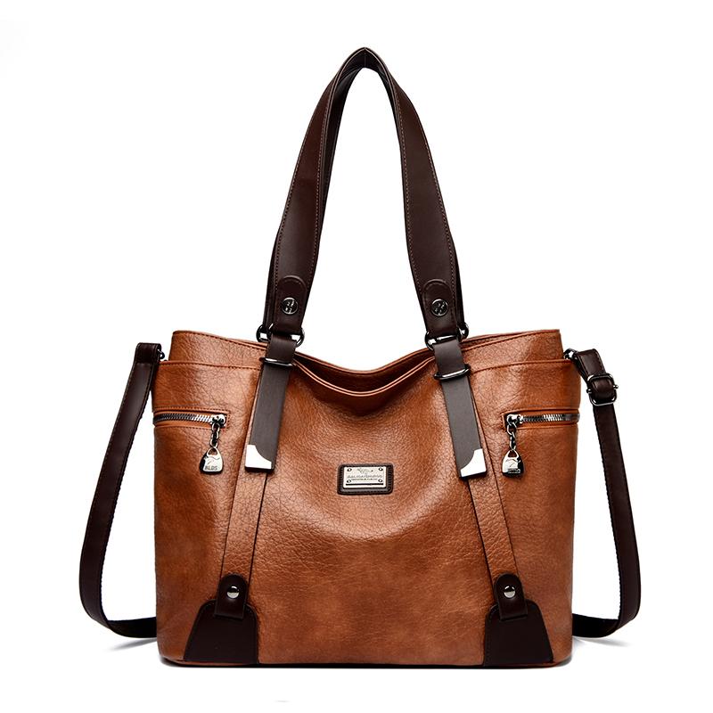 Women Vintage Faux Leather Tote Shoulder Bag, Large Capacity Commute Handbag with Detachable Crossbody Strap, Multi Zipper Pockets Retro Daily Travel