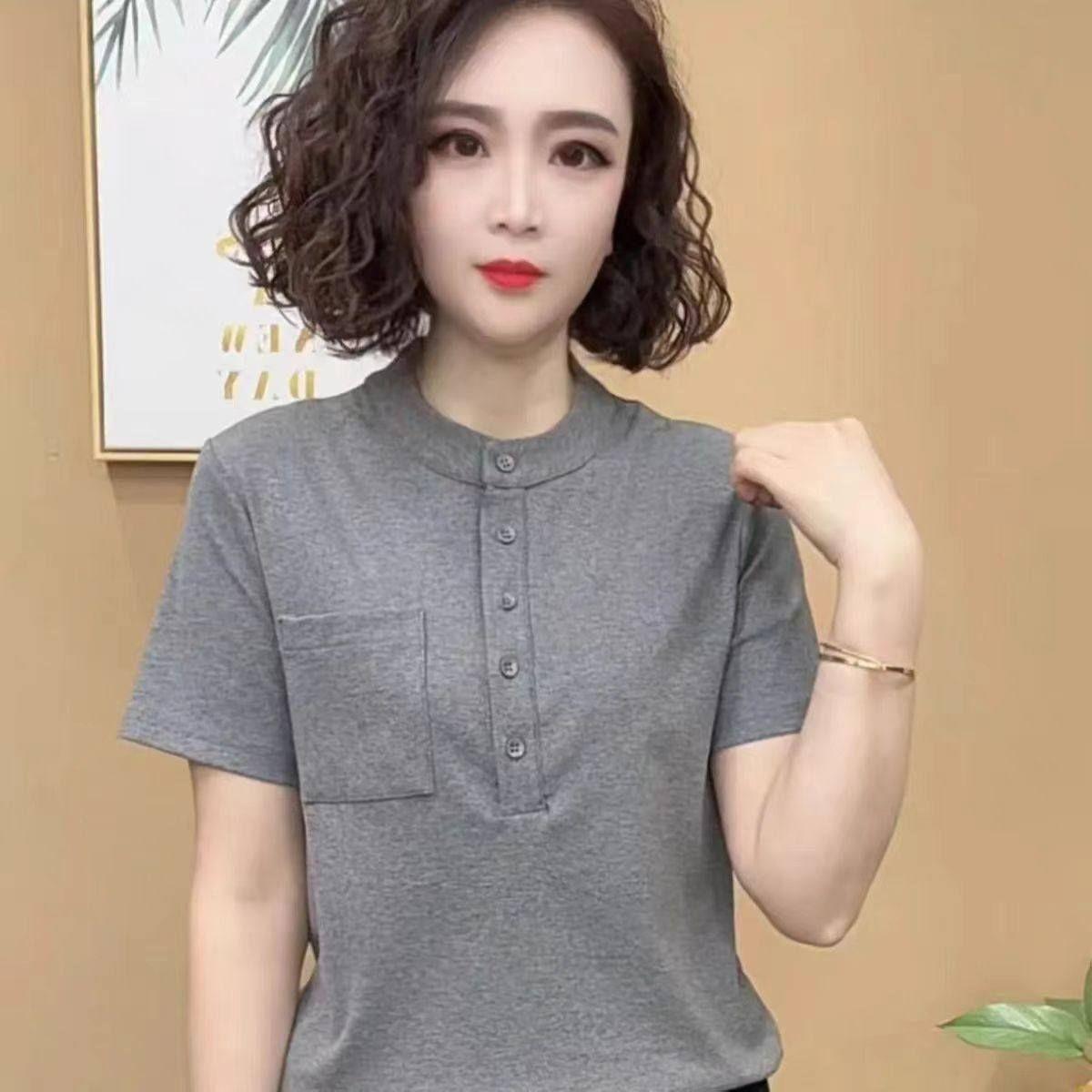 

Летняя новая темпераментная футболка с коротким рукавом, скрывающая недостатки фигуры, нишевая, высококлассная, уникальная, шикарная, тонкая футболка-топ M серый