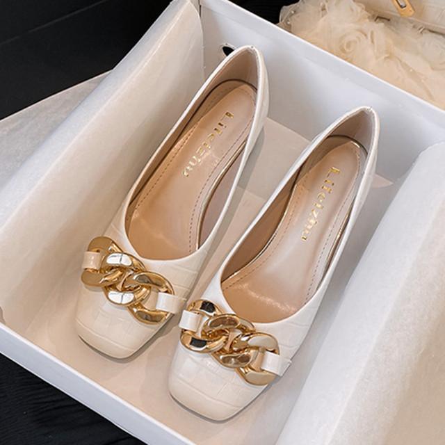Mărimi mari 35 -43 Pantofi cu toc mediu pentru femei, cu vârf pătrat, pantofi de piele pentru doamne de birou, lanț metalic auriu mare, tălpi moi, pantofi slip-on