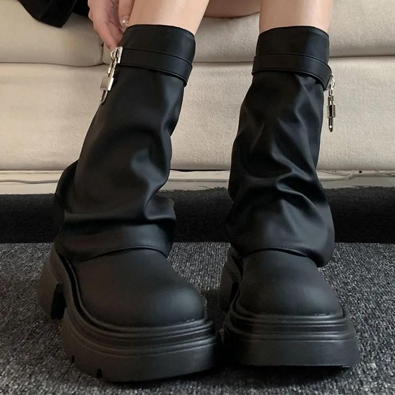 Heel Boots Shoes  Round Toe Luxury Designer Boots-Women Elegant Lolita Autumn Rock Ladies Fashion Ankle  Solid Slip