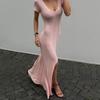 Sundresses for Women Long Dress 2026 Summer V-Neck Short Sleeve Knit Slit Maxi Dress Fashion Bodycon Maxi Dress Beach Vacation Clothes