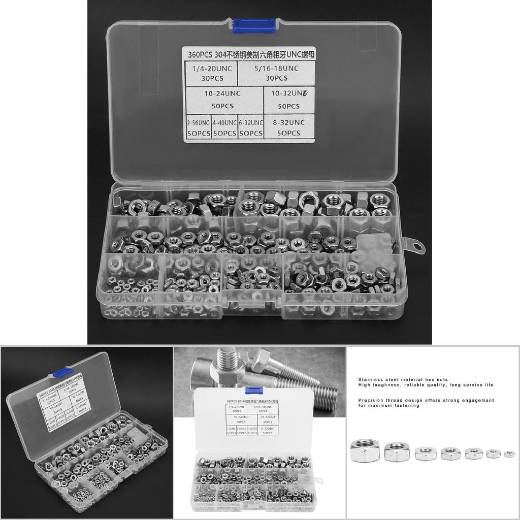 360pcs Stainless Steel Hex Nuts Coarse Thread American System UNC Nuts Fasteners