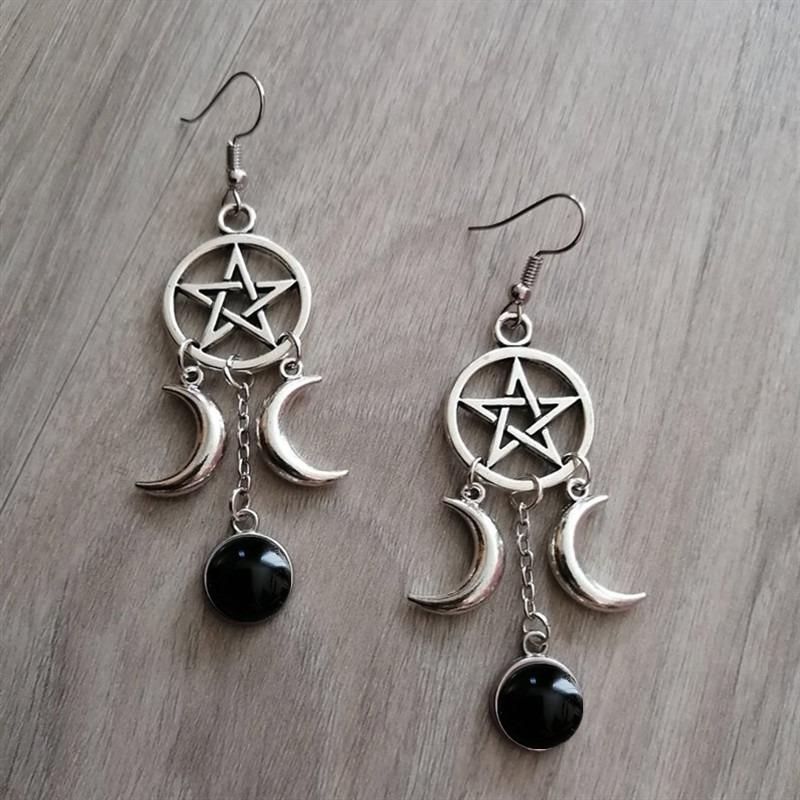 New Pentagram Triple Moon Purple Stone Earrings Natural Stone Earrings