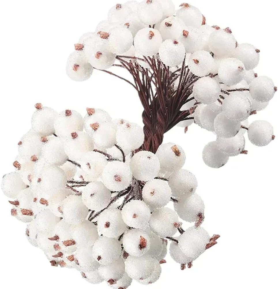 Artificial Frosted Holly Berry Double Head Mini Berry Bouquet Red Berries Flower Christmas Fake Fruit Cherry Stamen DIY Craft