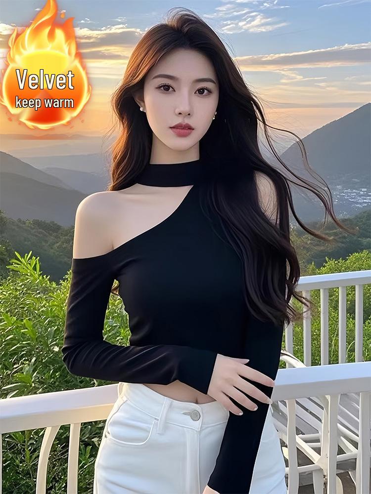 

Elegant Off-Shoulder Halter Top for Women - Long-Sleeve, Autumn/Winter, Irregular Design, Pure Desire, Sexy Fit S