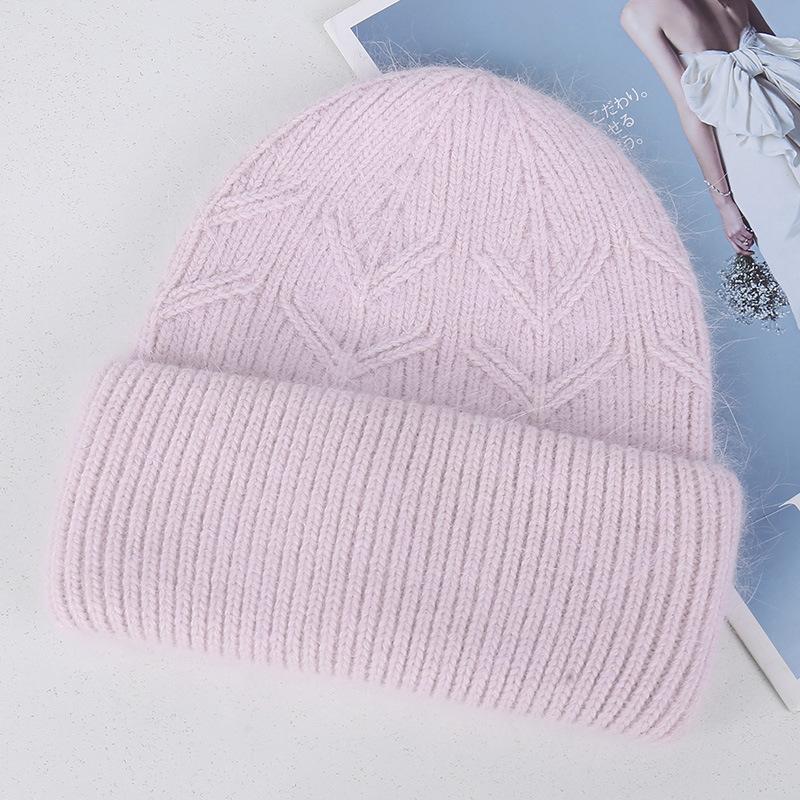 Angola rabbit hair blended cold hat women's autumn and winter warm windproof wheat ear pattern knitted flanged wool hat