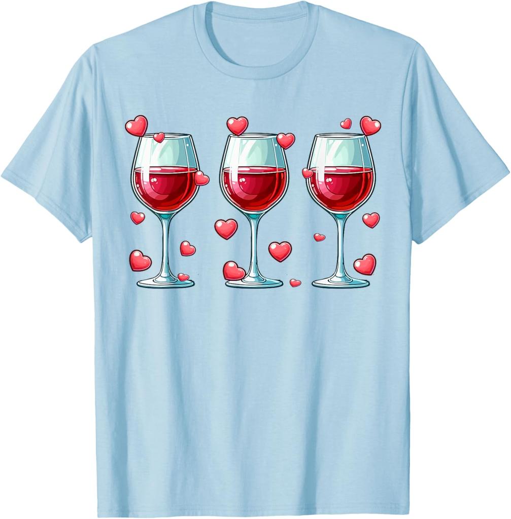 Red Wine Glasses Hearts Valentine Drinker Couple Lovers Graphic Tee Casual T-Shirt