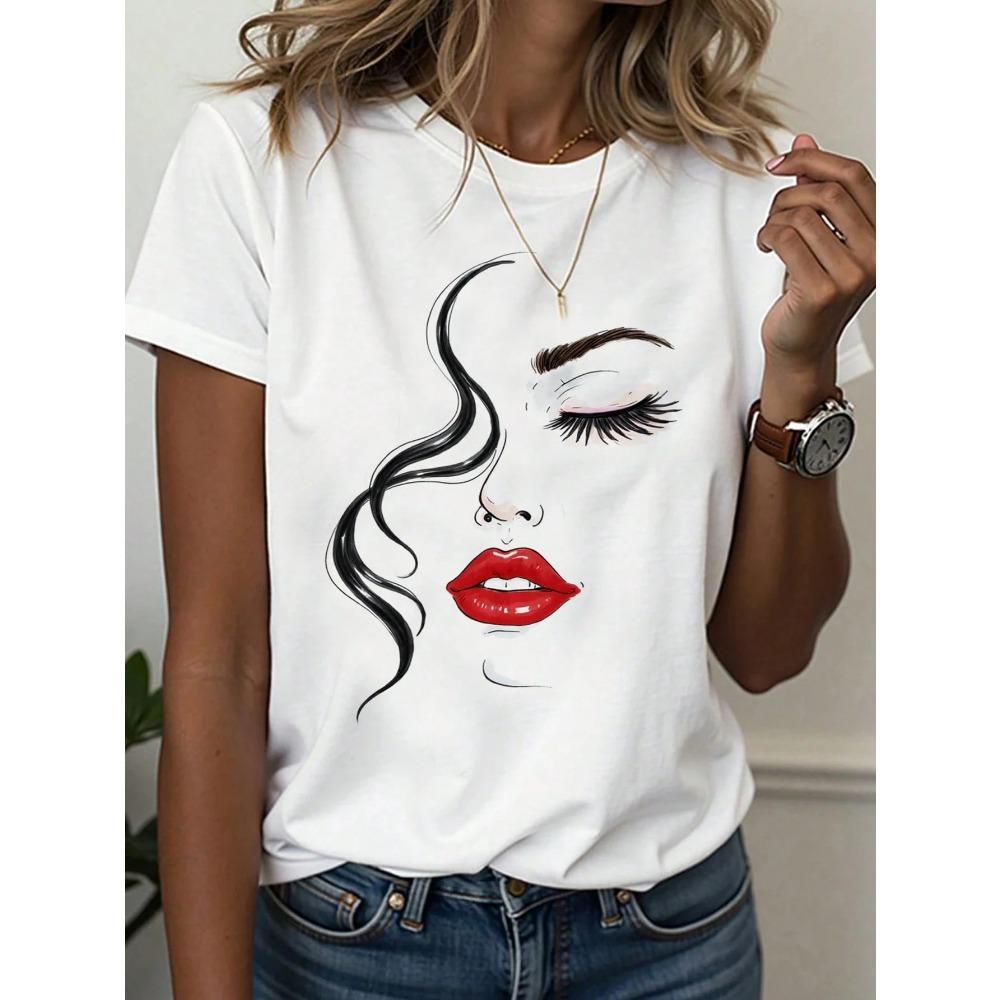 Abstract Face Gradient Color Print T-Shirts Women's Casual Short Sleeve O-Neck Tees Harajuku Y2K Tops Female Clothing
