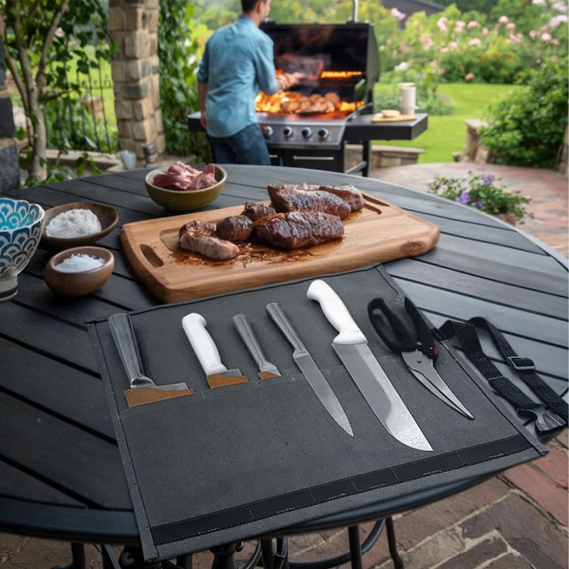 Waxed Canvas Portable Knife Roll - Protective Cutlery Storage Bag темно серый