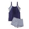 2 Pcs/Set Women Swimsuit Striped Vest with Chest Pads Elastic Waist Shorts Set Hot Spring Bathing Suit Quick-Drying Summer Beachwear