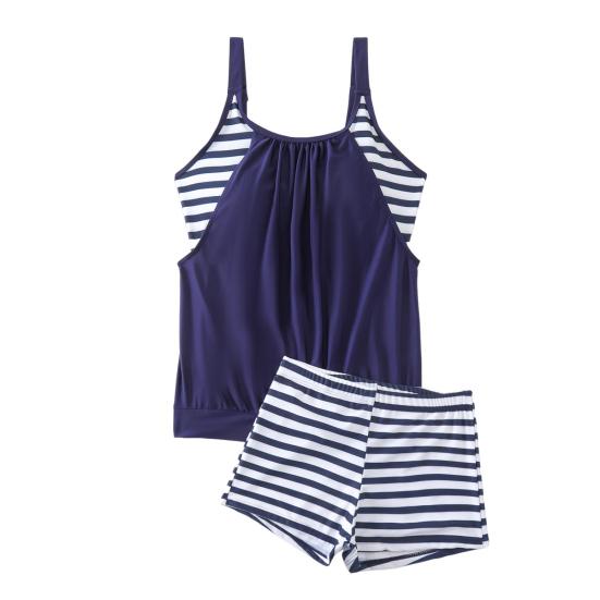 2 Pcs/Set Women Swimsuit Striped Vest with Chest Pads Elastic Waist Shorts Set Hot Spring Bathing Suit Quick-Drying Summer Beachwear