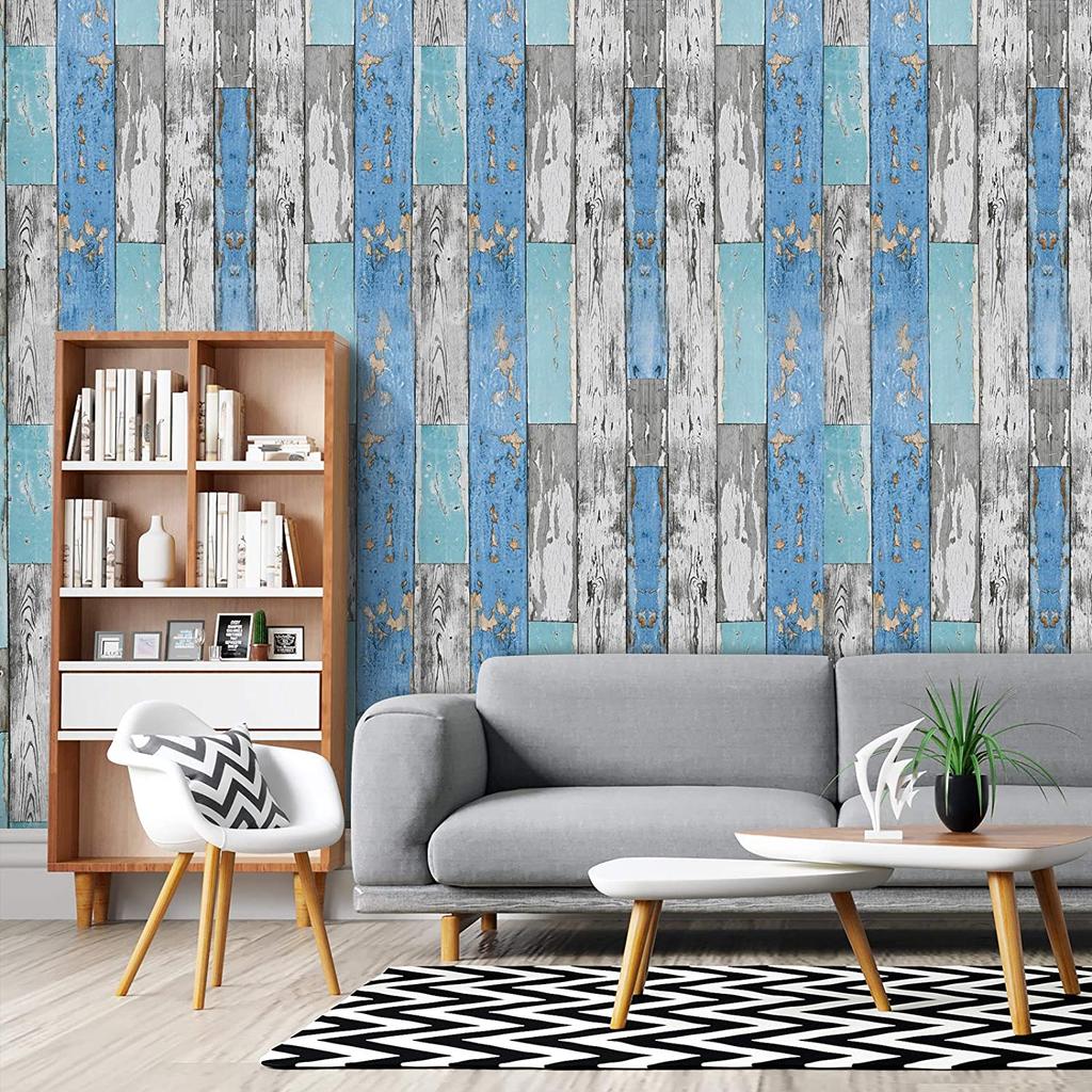 Blue Distressed Wood Peel and Stick Wallpaper Self Adhesive Vinyl Film Wood Grain Wallpaper for Furniture Cabinet Countertop