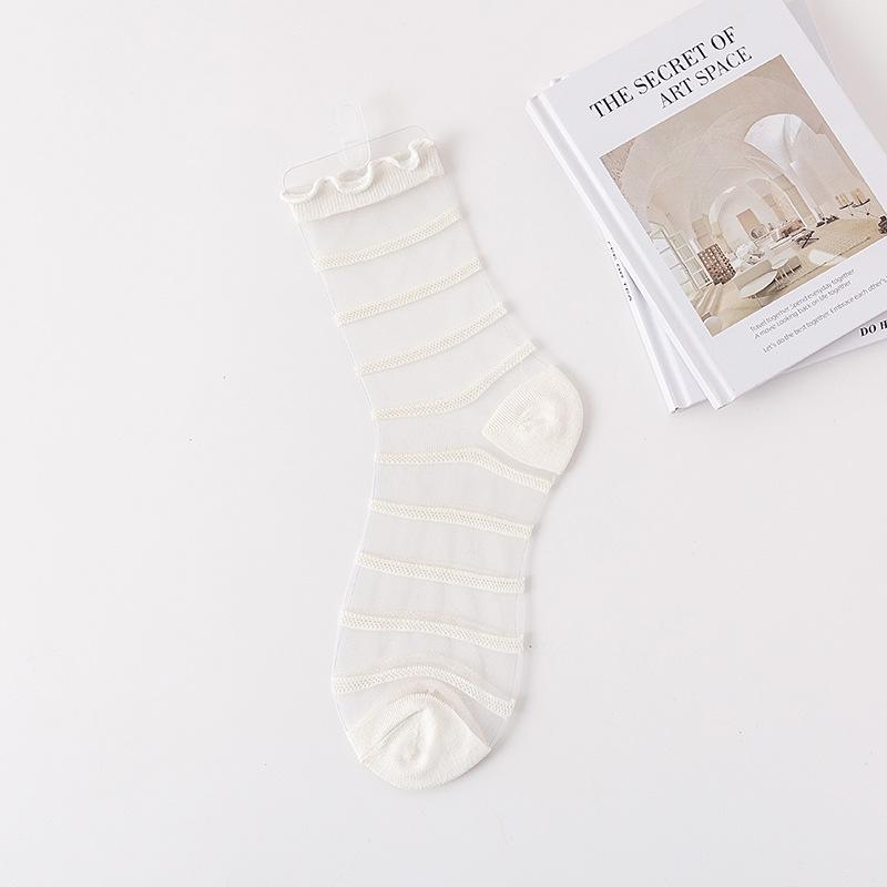 1 Pair Women's Lolita Summer Thin Crystal Glass Socks French Lace Ruffled Knee High Heart Stripes Sheer Mesh Socks for Girls