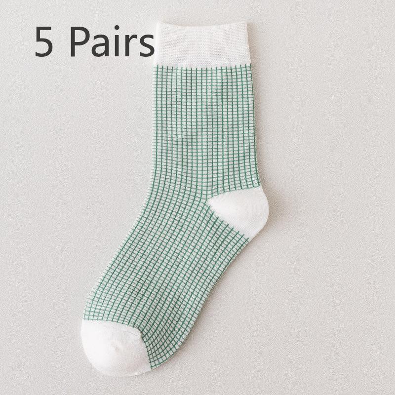 5 Pairs Socks Women's Autumn and Winter Mori Green Mid-calf Socks White Trend High Top Socks Cotton Socks Dotted Plaid Stockings