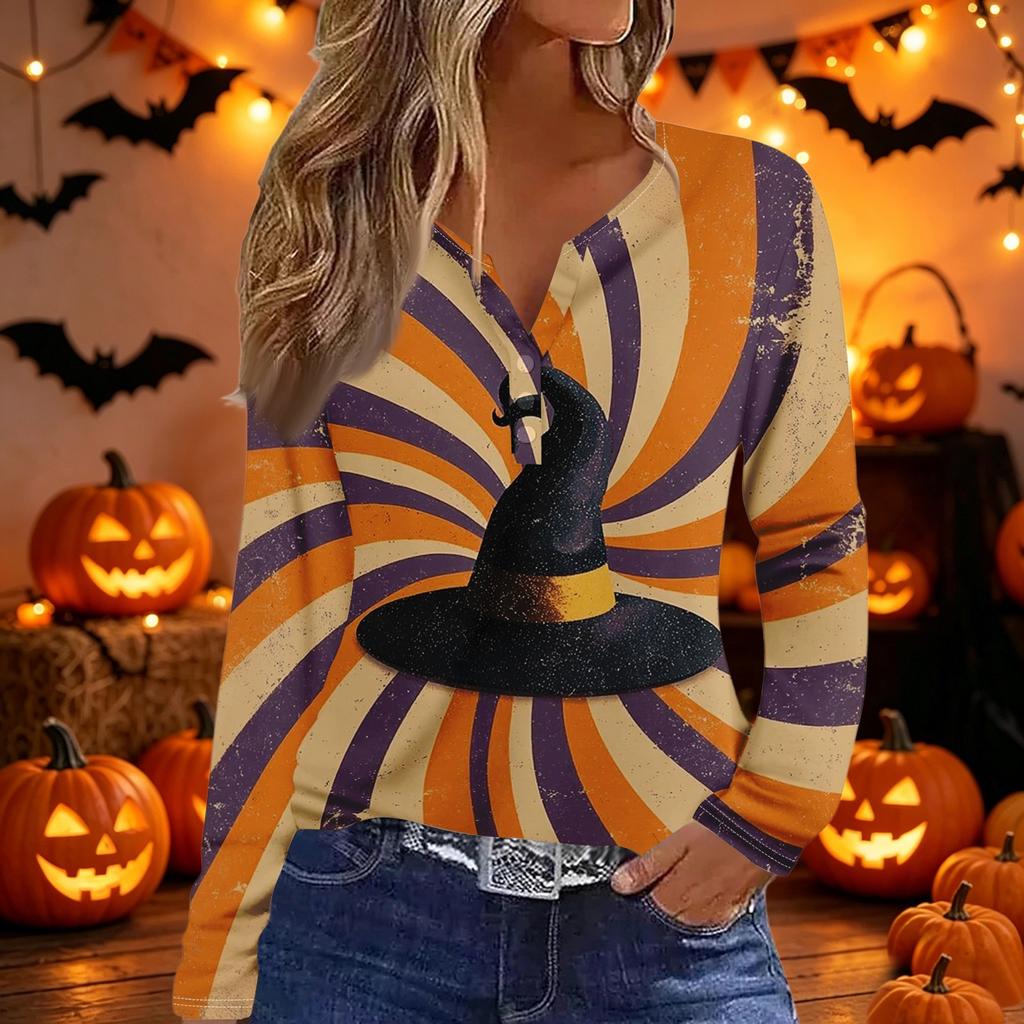 Women's Halloween Print V-Neck Long Sleeve T-Shirt with Button , Casual Fashion Top for Holiday Costume Party
