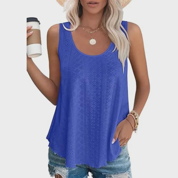 2024 Spring/Summer Sleeveless Hollow Jacquard Top - Women's Casual Round Neck Vest