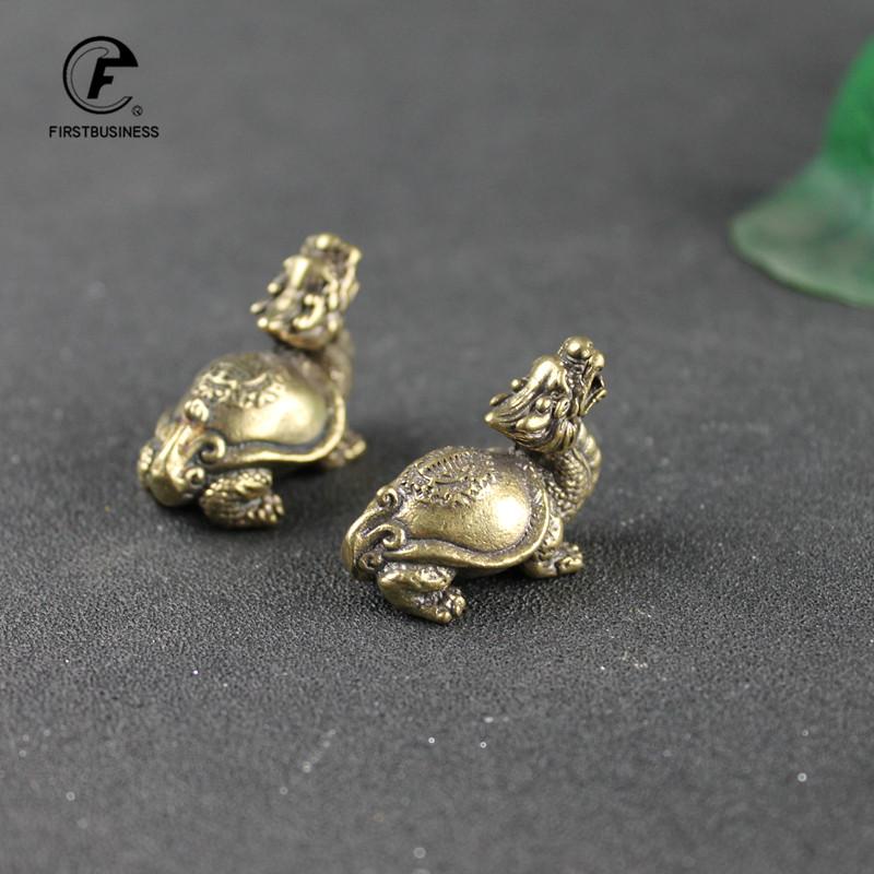 Antique Copper Solid Longevity Dragon Turtle Miniature Figurines Desk Ornament Vintage Brass Animal Sculpture Craft Home Decor