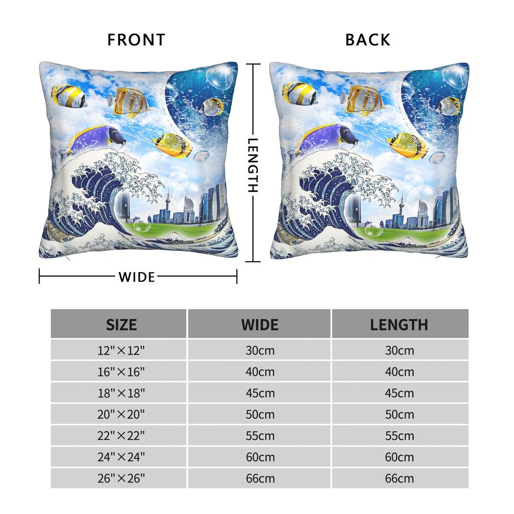 Frutiger Aero Aesthetic Square Pillow Case Tech Great Wave of Kanagawa Fishes Cushion Cover Customized Pillowcover Home 40*40cm