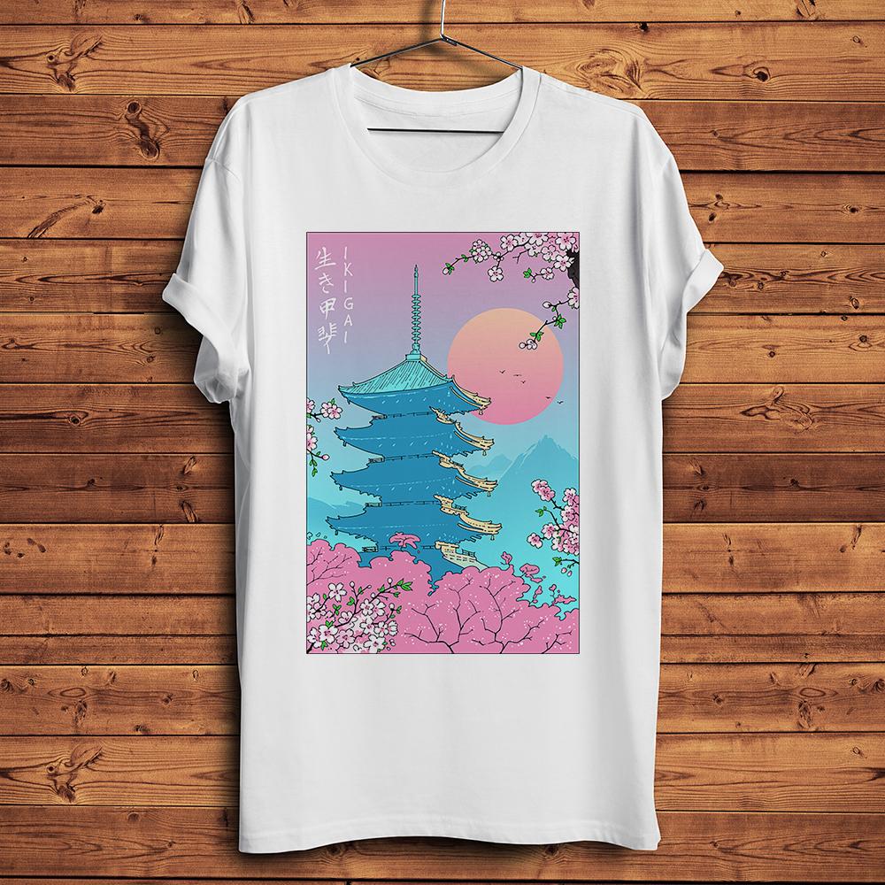 Ikigai In Kyoto Fujiyama Sakura Funny Ukiyoe Tshirt Unisex White Casual Short Sleeve T Shirt Homme Unisex Streetwear Breathable Tee