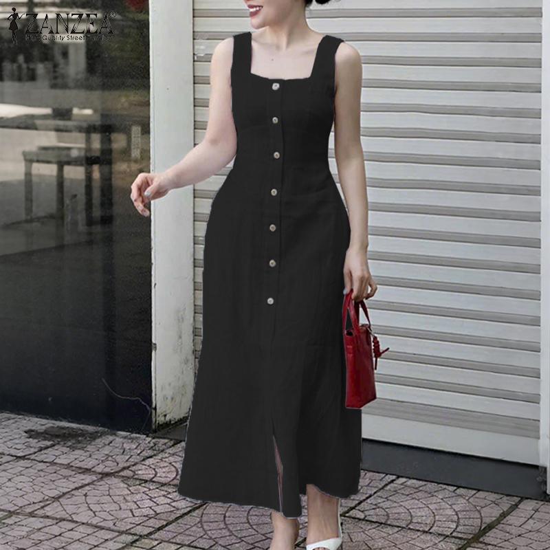 ZANZEA Women Square Collar Summer Casual Sleeveless Dress